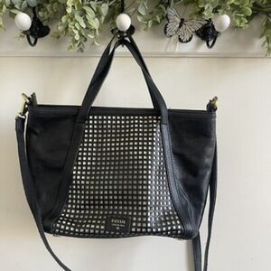 Fossil leather bag  black with leather trim cut out square design